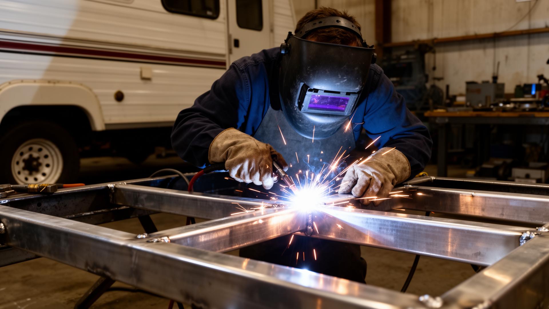 In-house welder repairing an RV frame